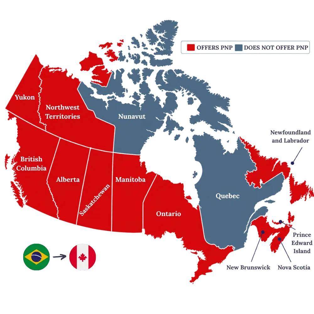Map of Canada showing provinces and territories offering Provincial Nominee Programs for applicants from Brazil