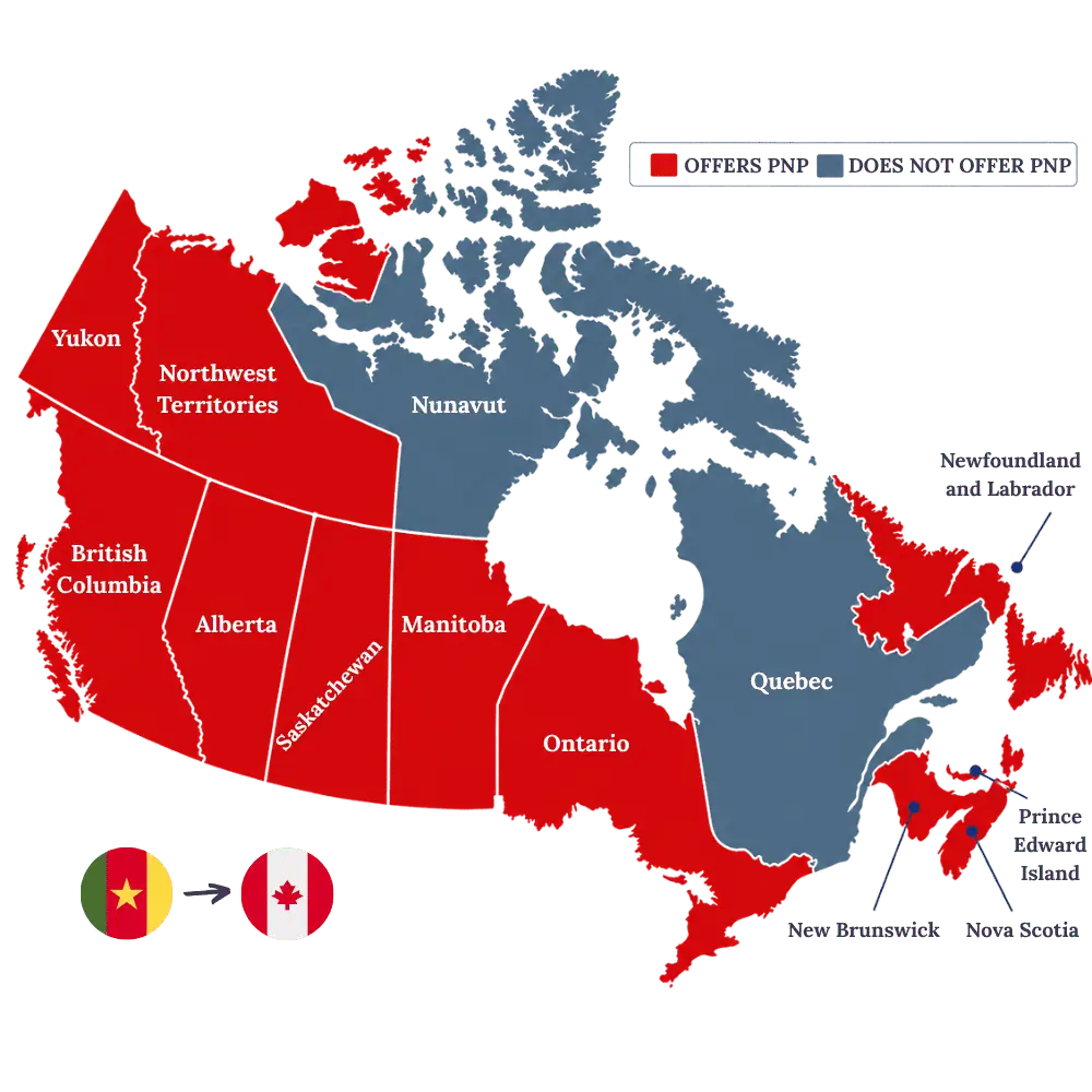 Map of Canada showing provinces and territories offering Provincial Nominee Programs for applicants from Cameroon
