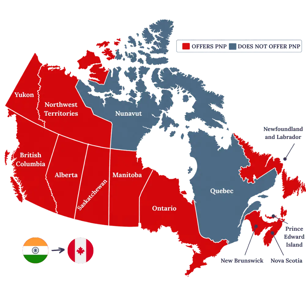 Map of Canada showing provinces and territories offering Provincial Nominee Programs for applicants from India