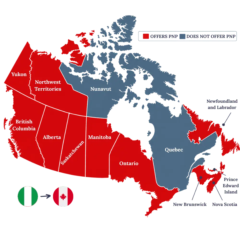 Map of Canada showing provinces and territories offering Provincial Nominee Programs for applicants from Nigeria