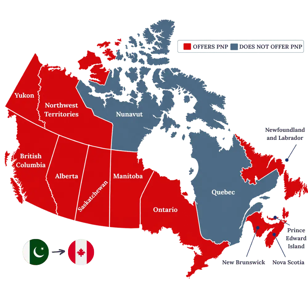 Map of Canada showing provinces and territories offering Provincial Nominee Programs for applicants from Pakistan
