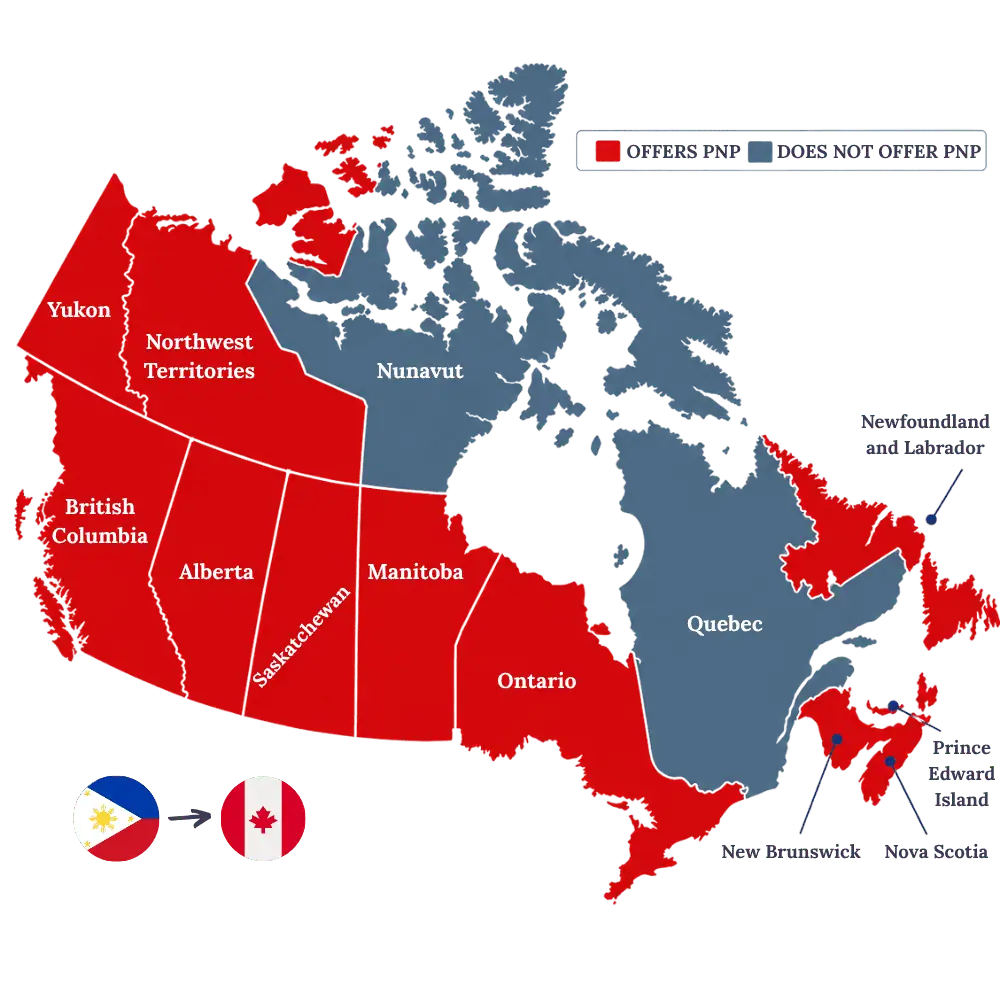Map of Canada showing provinces and territories offering Provincial Nominee Programs for applicants from the Philippines
