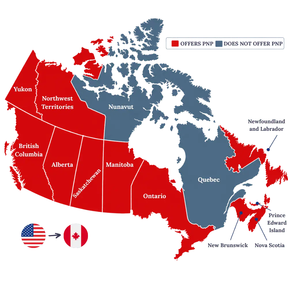 Map of Canada showing provinces and territories offering Provincial Nominee Programs for applicants from the United States